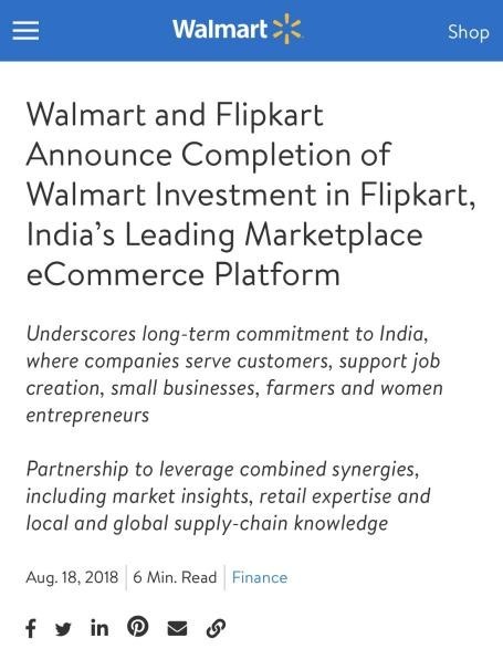 沃尔玛旗下flipkart扩张印度市场计划融资超过20亿